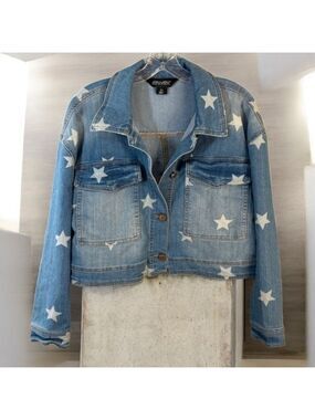 Jou Jou Blue Star print Jean Jacket women’s medium Demin button up large pockets